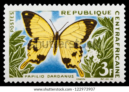 CENTRAL AFRICAN REPUBLIC - CIRCA 1960: A stamp printed by Central African Republic shows butterfly, circa 1960.
