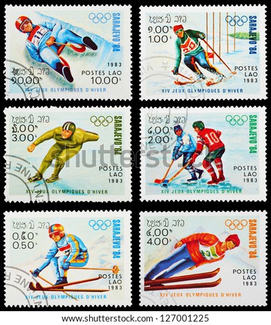 LAOS - CIRCA 1983: A set of postage stamps printed in LAOS shows Winter Olympic Games Sarajevo-1984, series, circa 1983