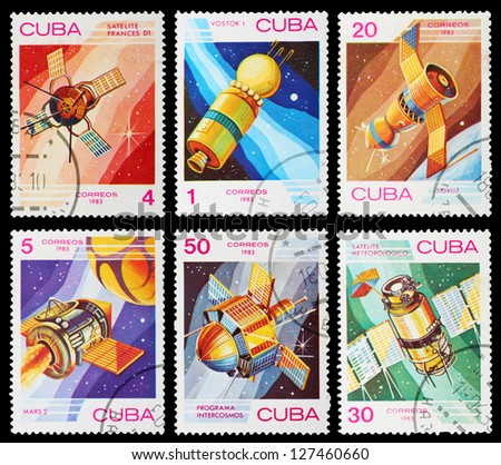 CUBA - CIRCA 1983: A set of postage stamps printed in CUBA shows spaceships, series, circa 1983