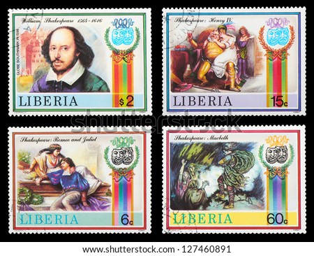 LIBERIA - CIRCA 1978: A set of postage stamps printed in LIBERIA shows Shakespeare\'s poems, series, circa 1978