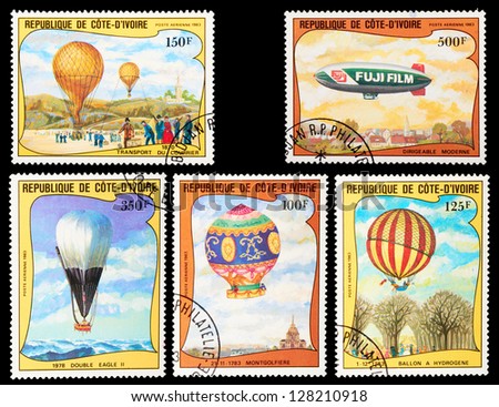 IVORY COAST - CIRCA 1983: A set of postage stamps printed in IVORY COAST shows Balloons and airships, series, circa 1983