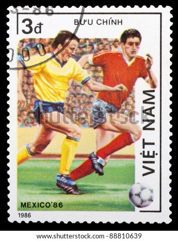 VIETNAM - CIRCA 1986: a stamp printed by VIETNAM shows football players. World football cup in Mexico, circa 1986