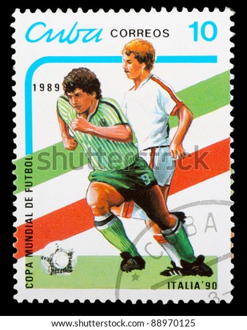 CUBA - CIRCA 1989: a stamp printed by CUBA shows football players. World football cup in Italy, series, circa 1989