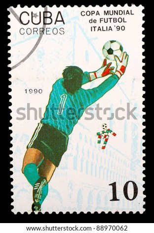 CUBA - CIRCA 1990: a stamp printed by CUBA shows football players. World football cup in Italy, series, circa 1990