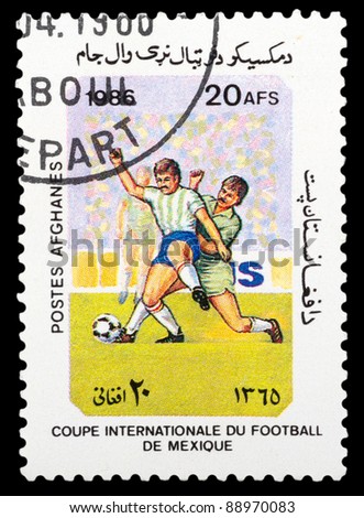 AFGHANISTAN - CIRCA 1986: a stamp printed by Afghanistan shows football players. World football cup in Maxico, series, circa 1986