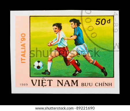 VIETNAM - CIRCA 1989: a stamp printed by VIETNAM shows football players. World football cup in Italy, series, circa 1989