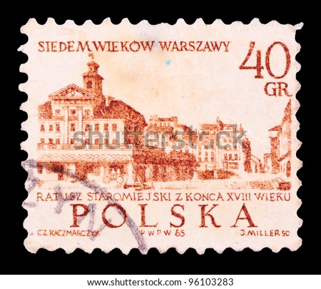 POLAND-CIRCA 1965:A stamp printed in POLAND shows image of Old City Town Hall in Szczecin (Polish Ratusz Staromiejski w Szczecinie) - the present day shingle-roofed Town Hall, circa 1965.