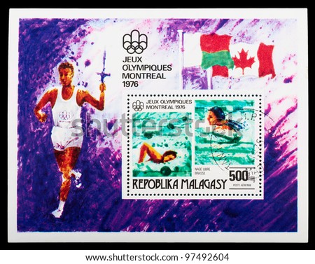 MALAYSIA-CIRCA 1976: The postal stamp printed in MALAYSIA shows Water Sports, series Olympic Games in Montreal 1976, circa 1976