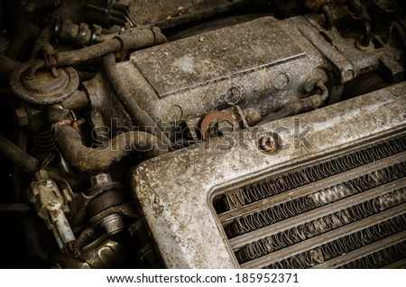 Old dirty car engine stock photo