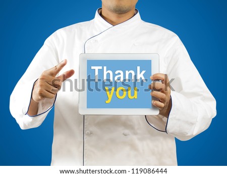 Chef showing a digital tablet with Text thank you
