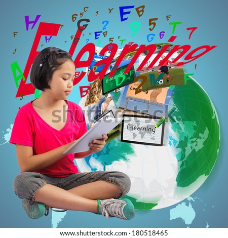 Girl using digital tablet, The concept of E-learning