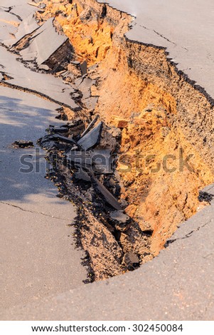 Cracked of asphalt road after the earthquake