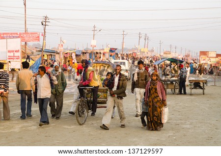 ALLAHBAD, INDIA - 28 JANUARY: Pilgrims at the Kumbh Mela religious festival on 28 January 2013 in Allahbad. In 2013 it is estimated that 100 million people attended Kumbh Mela.