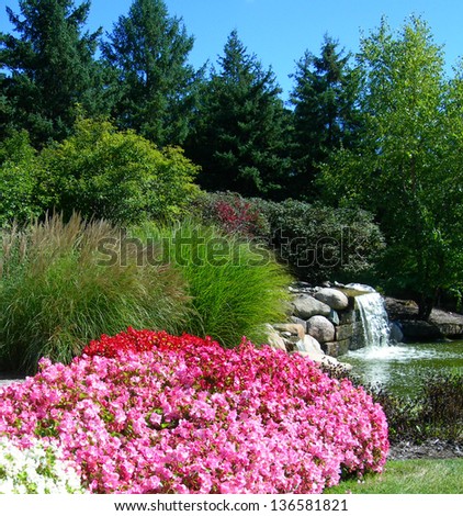 Landscape with hot pink flower beds blossoming against green tall grass with a waterfall and pine tree background