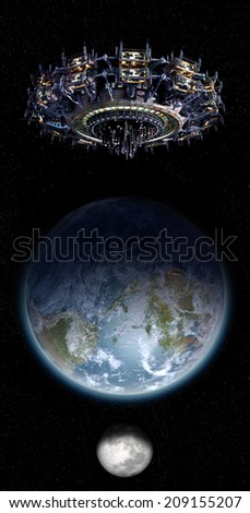 Elements of this image furnished by NASA. Alien mothership UFO nearing Earth, with the Moon rising and copy space for futuristic, space fantasy or interstellar travel cover images or backgrounds.