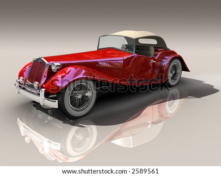 Shiny old Hot Rod 3D model of vintage red car on reflective surface with clipping work path included, in side view