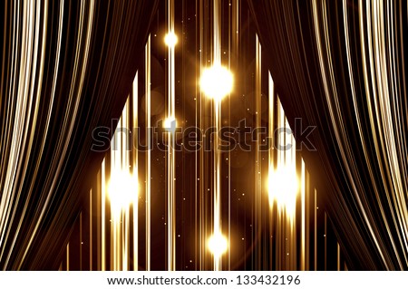 Gold stage curtain on spotlight background.
