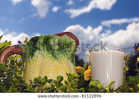 Bottle and glass of milk with grass, flowers and sky