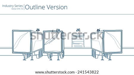 Loading Dock and Trailers. Vector illustration of Loading Dock, Outline Series.