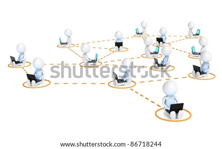 Business Network. 3D little human characters X14 in a network. Blue and illuminative Screens. Orange markers