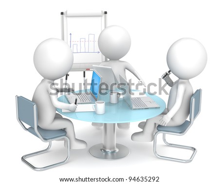 Business meeting. 3D little human characters X3. Manager discussing work with his colleagues. People series.