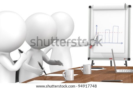 Chart. 3D little human characters X3 during a Presentation on a Flip Chart. Business People series: Classic
