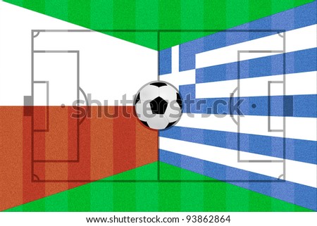 Poland and Greece flag on Soccer field layout