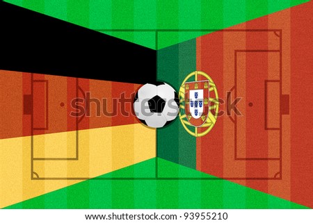 Germany and Portugal flag on Soccer field layout