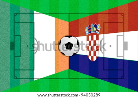 Ireland and Croatia flag on Soccer field layout