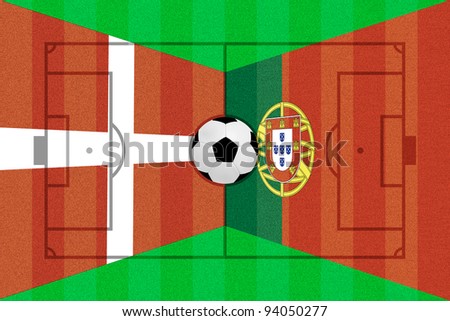 Denmark and Portugal flag on Soccer field layout