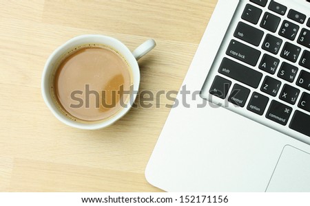 Close up over head view of a white work desk interior with a laptop computer, a cup of coffee
