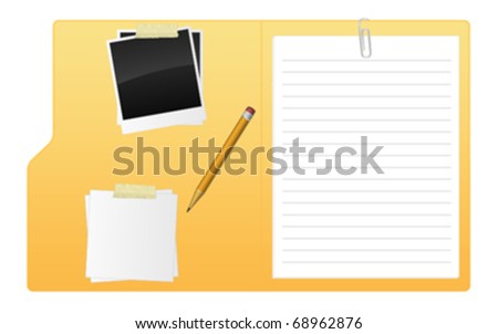 A open folder with paper, pencil and photo