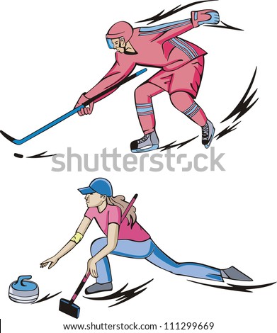 Winter team sports: Ice hockey and Curling. Set of color vector illustrations.