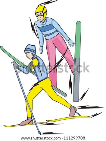 Skiing - winter sports: Nordic Combined. Skiers. Ã?Â??olor vector illustration.