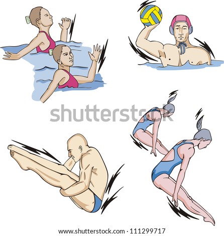Water sports: Synchronized swimming, Water Polo and Diving. Set of color vector illustrations.