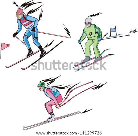 Skiing - winter sports: Biathlon and Alpine skiing. Skiers. Color vector illustration.