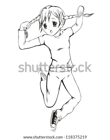 Anime Girl With Braids. Black And White Vector Illustration ...