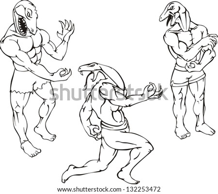 Reptile mascots - gator, lizard, cobra. Vector set. Characters with human body and animal head.