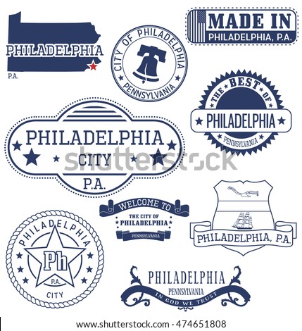 Philadelphia city, Pennsylvania. Set of generic stamps and signs.