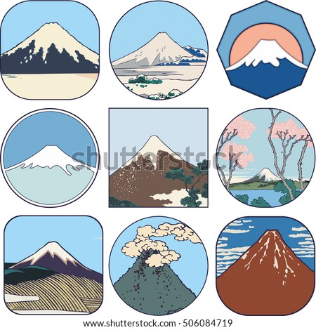 Picturesque sketches of Mount Fuji in Japan. Set of views of Mount Fuji from different sides and in all seasons.