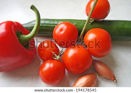 various vegetables, a cucumber, a pepper, tomatoes and shallots/Salad ingredients
