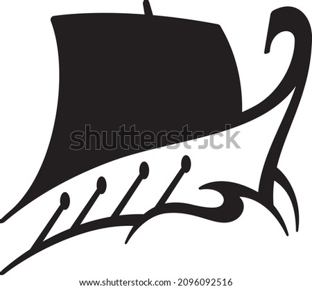 Historic ship vector logo or icon design with oars and sail.
Vector illustration of ancient Greek galley or Viking ship sailing through ocean waves.