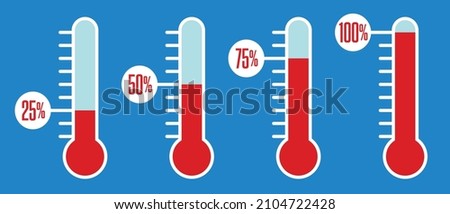 Charity fundraising thermometer graphic. Set of four vector illustration of thermometer showing increasing percentages of meeting fundraising goals.