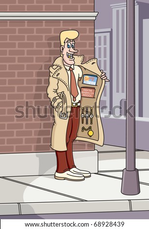 Street corner salesman vector illustration.