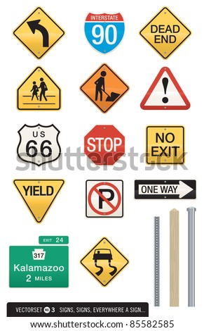 Set of 14 Highway Sign Vectors. Includes three interchangeable post designs. Editable colors and shapes. 