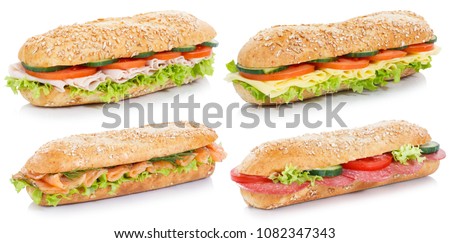 Collection of sub sandwiches with salami ham cheese salmon fish whole grains isolated on a white background