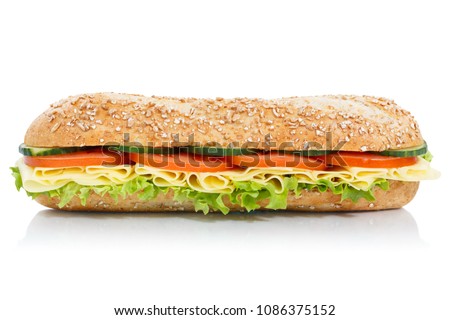 Sub sandwich whole grain grains baguette with cheese lateral isolated on a white background
