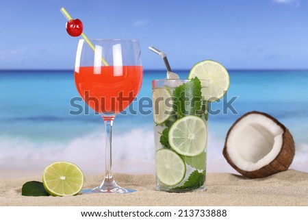Cocktails and drinks on the beach with sand and sea
