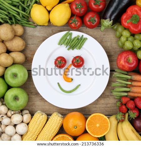 Healthy vegan eating smiling face from vegetables and fruits on plate