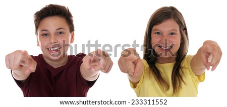 Young teenager or children pointing with finger I want you, isolated on a white background